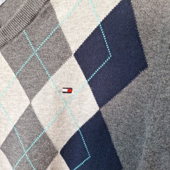 Tommy Hilfiger Preppy Gray Blue Argyle V Neck Sweater Women Size Small Cotton - Picture 2 of 7